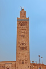 Obraz premium The Kutubiyya Mosque minaret, dating from c.CE 1195, made in Almohad style of sandstone rubble masonry with a tall cuboid shaft. Marrakesh-Morocco-322