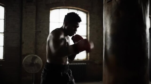 African american man training at boxing gym, punching heavy bag during workout session, fitness and sport footage