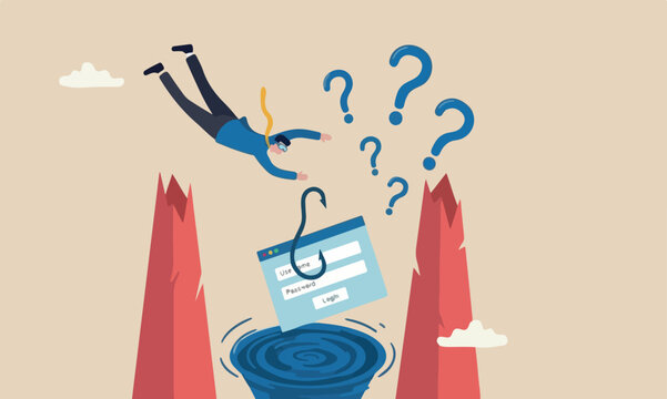 Phishing, screen flag on red pillars hack username, password, cyber security or threat website concept, businessman diving to unknown fishhook user account phishing login
