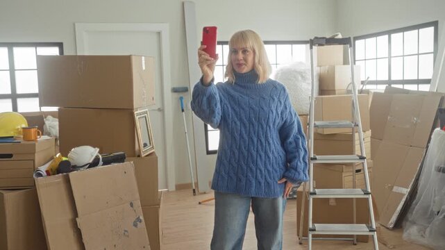 Woman holding red smartphone and gesturing with hand while recording selfie amid packed moving boxes ladder and hardhat in apartment; hopeful move.
