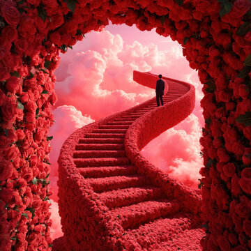 Surreal winding staircase wrapped in red roses leading through glowing cloud sky with lone figure, dreamlike Valentine scene in vivid pink tones symbolizing romantic journey, love, aspiration and emot