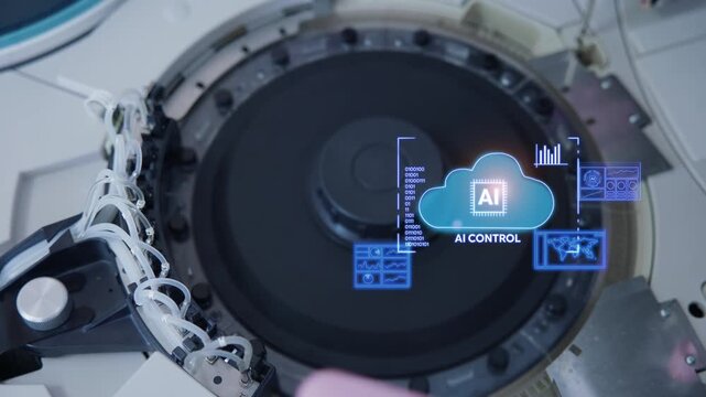 Robotic liquid dispensing arm operating on circular laboratory blood tester centrifuge platform with ai control overlay in sterile laboratory.