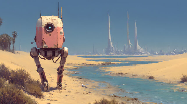 Scifi Robot Walker Desert Landscape Futuristic City Spire Blue Sky Sand River Digital Painting