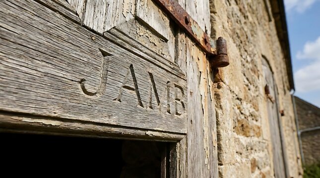 Weathered wooden door jamb carved lettering on rustic stone barn.