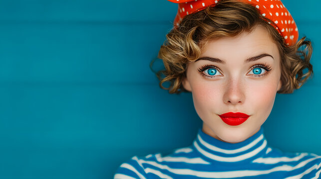Pin Up Woman Blue Eye Red Lip Polka Dot Orange Headband Striped Turtleneck Teal Background