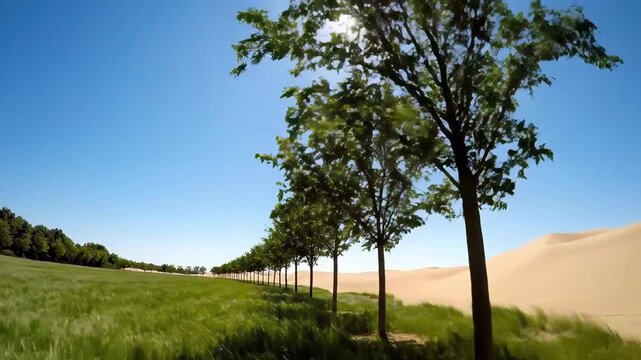 Sunlit row of trees beside waving green grass and golden desert dunes under clear blue sky. Concept of oasis landscape and climate contrast
