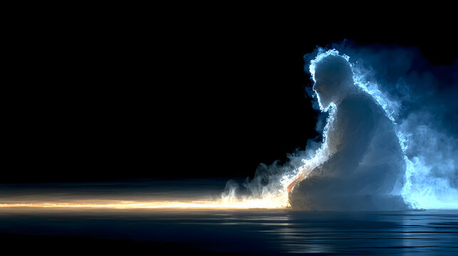 Human Figure Glowing Blue Water Smoke Sitting Meditation Pose Dark Background Gold Light Streak
