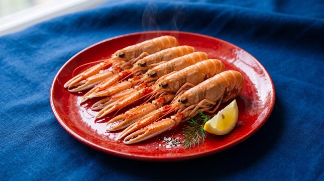 Fresh langoustines on a red plate 