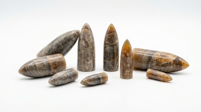 Belemnite fossil cluster with smooth elongated forms and natural mineral tones in refined studio composition. Isolated on White background