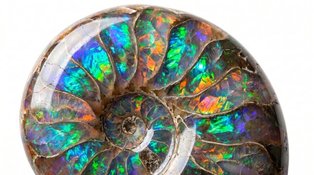 Opalized ammonite fossil with vibrant iridescent colors and polished spiral chambers, captured in ultra-detailed macro studio quality. Isolated on White background
