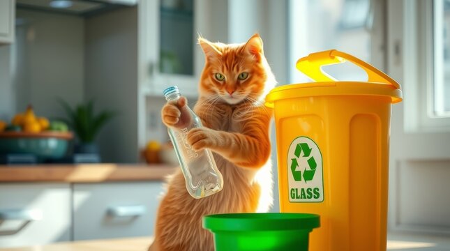 Fluffy Ginger Cat Recycling Paper and Cardboard in Box