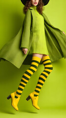 Fototapeta premium Fashion Woman Green Outfit Striped Yellow Thigh High Sock Yellow Boot Black Hat Jumping
