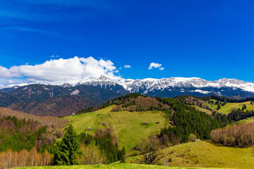 Fototapeta premium Scenic view of the Carpathian Mountains in Romania, specifically showcasing the snowy peaks of the Bucegi Mountains in spring