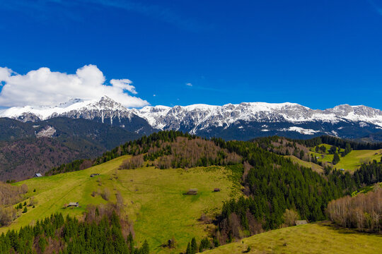 The snowy peaks of the Bucegi Mountains seen from the green hills of the village of Moieciu in Romania