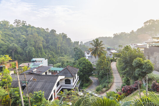 Panoramic vista over a lush green tropical hillside with residential buildings nestled among dense foliage and winding roads under a bright sky. Kandy town in Sri Lanka.