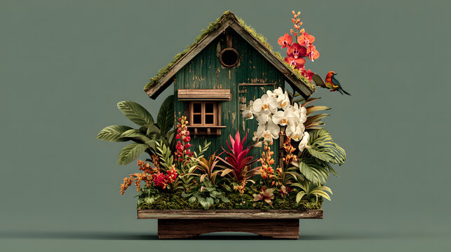 Rustic Wooden Birdhouse with Tropical Flower Orchid Bromeliad Plant and Hummingbird 3D Render