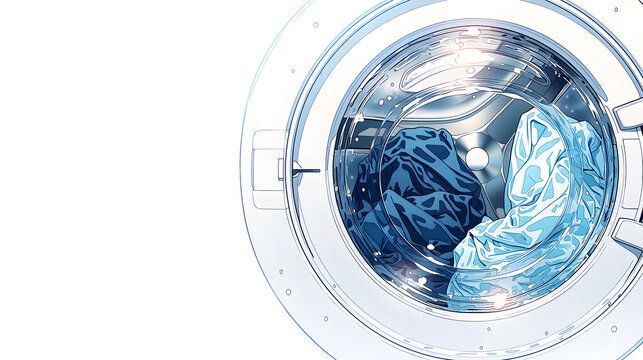 Detailed illustration of a washing machine drum with blue laundry and water, isolated on transparent background.