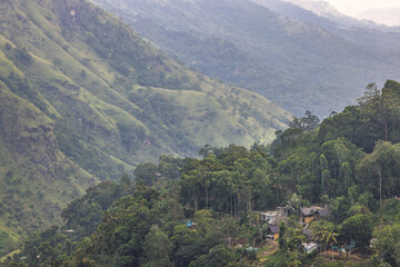 Fototapeta premium Verdant Mountain Landscape with Lush Forest and Secluded Village Architecture Nestled in Rolling Hillsides. Mountain landscape near Ella in Sri Lanka.