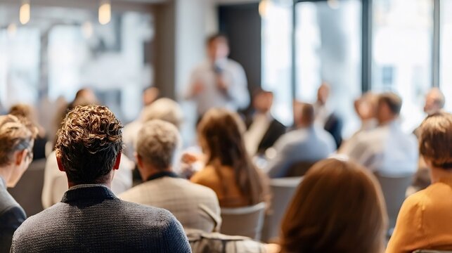 Diverse group of professionals attending a corporate seminar, with a speaker presenting in the blurred background, focusing on concepts of education, learning, and communication