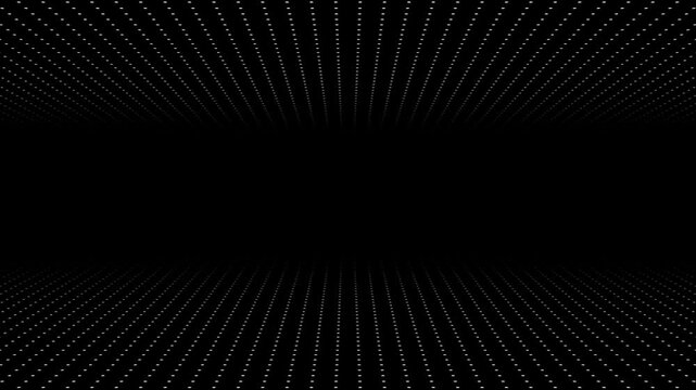 3D infinite white dot grid tunnel seamless loop animation moving forward into dot grid pattern on black background. 4K animated dot grid background for tech, presentation, intro, and motion graphics.