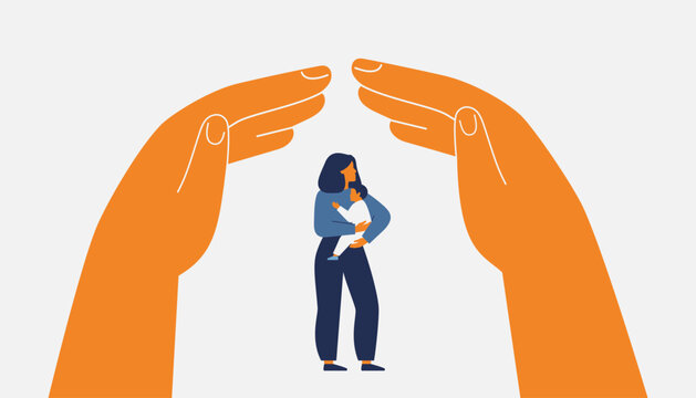 hands create secure environment via home roof gesture above mother with child. arms protect and care about women with children. Legal defense, shelter, medical and life insurance for females with kids
