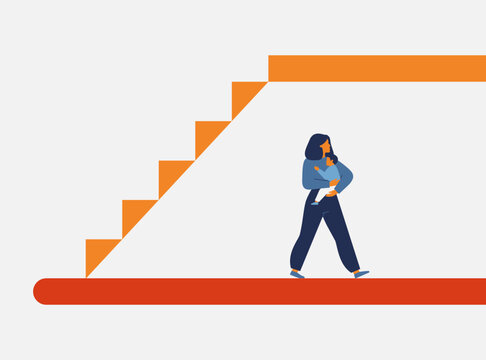 woman with baby walks past career ladder. mother choosing the path of motherhood over job. missed opportunities or challenge of balancing childcare and professional growth. vector illustration