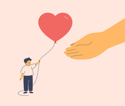 boy holds out a heart-shaped balloon to an adult's hand. Trust and love for a parent from children. Mother's or Father's Day. vector illustration