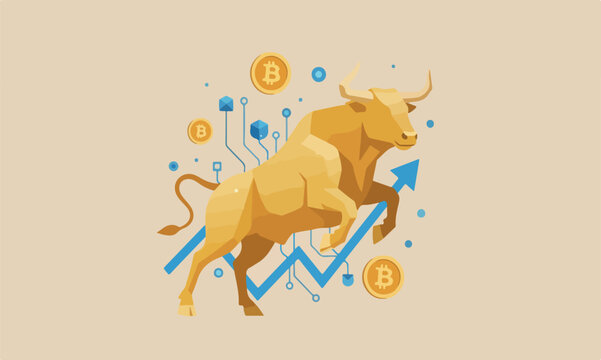 Bitcoin crypto currency, cryptocurrency soaring hit new high record concept, golden bull with digital electronic graphic for new technology blockchain currency