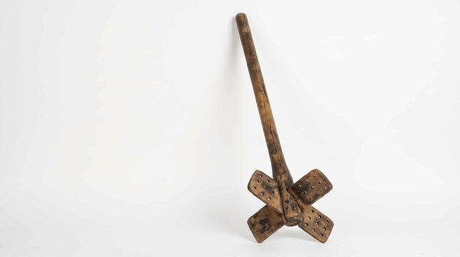 Antique wooden butter churn paddle on white background
