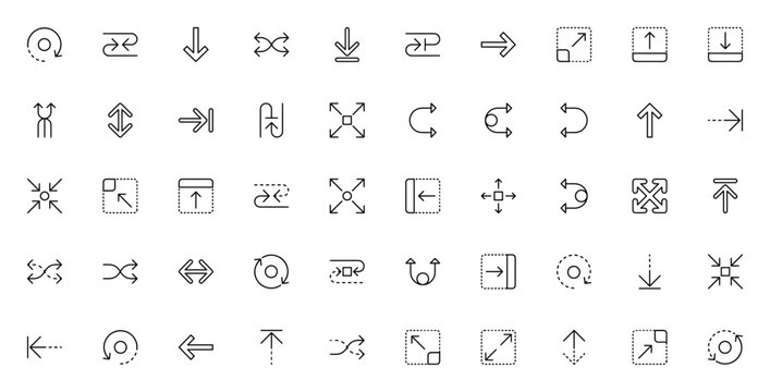 Orientation icon set. Vector arrow symbols pack. Includes orbit, cycle, shuffle, drag, resize, expand, maximize, focus, move and directional arrows. Editable stroke.