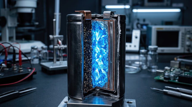 Solid-State Battery Cutaway with Glowing Internal Layers for Electric Vehicle Technology