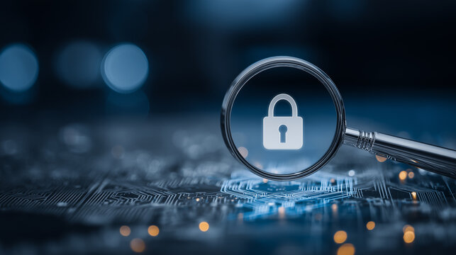 Magnifying glass over a padlock on a circuit board representing cybersecurity investigation, privacy protection, and digital risk assessment.

