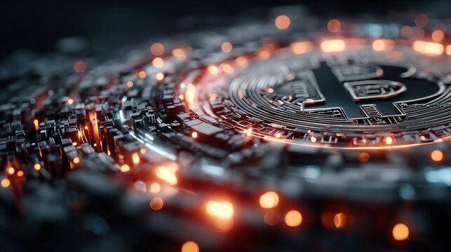 Abstract cyber-finance tunnel with floating cryptocurrency tokens, pulsating blockchain nodes, kinetic neon ledgers, glowing AI transaction conduits, and futuristic digital finance formations