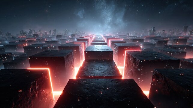 Abstract cybernetic sky maze with levitating neon panels, floating AI nodes, pulsating energy bridges, kinetic fractal pathways, and glowing futuristic elements