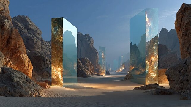Abstract desert canyon with kinetic light beams, floating holographic monoliths, and swirling digital sand currents, creating a surreal futuristic technology environment full of energy