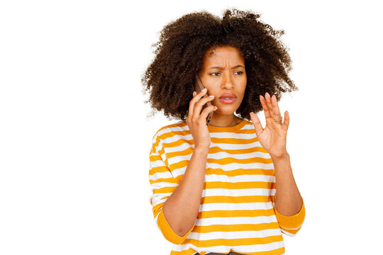 Young african american woman feeling confused and concerned during a difficult phone call, making a dismissive gesture, transparent background