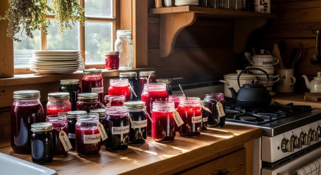 Bocaux de conserves sur le comptoir de la cuisine, concept de nourriture et de boissons faites maison