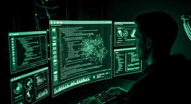 Un homme travaille sur un syst&egrave;me informatique comportant plusieurs &eacute;crans affichant des donn&eacute;es.