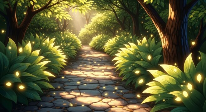 Chemin &agrave; travers une for&ecirc;t luxuriante baign&eacute;e de lumi&egrave;re et bord&eacute;e d'un feuillage d'un vert &eacute;clatant