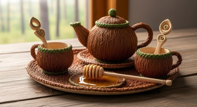 Service &agrave; th&eacute; rustique avec miel et cuill&egrave;res, pr&eacute;sent&eacute; sur une table en bois.
