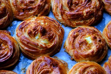 Fototapeta premium A close-up view of freshly baked, homemade buns straight from the oven. Pastries. Traditional Turkish cuisine. Breakfast buns. Ramadan iftar.
