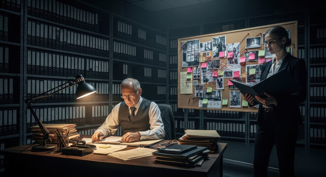 Police agents working together on case, evaluating forensic evidence and new clues in confidential records files. Detective and criminal expert reviewing witness testimony. Tripod shot.
