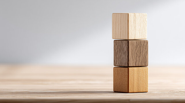Stacked wooden cubes on a clean surface representing business growth, stable structure, and step by step development.
