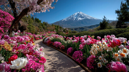One of the most visit destination in Japan, beautiful view of Mount Fuji or Fujiyama with colorful blooming flower garden. 