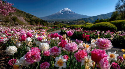 One of the most visit destination in Japan, beautiful view of Mount Fuji or Fujiyama with colorful blooming flower garden. 