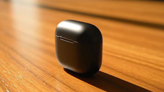 Close up panning shot of a sleek black wireless earbud charging case resting on a textured wooden table bathed in warm sunlight