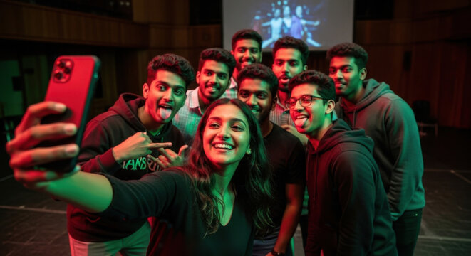 Indian young adult gen z male man female look camera take selfie photos have fun joy hall stage place. Happy teen girl boy group team staring cam do funny pose record video spend day enjoy break time