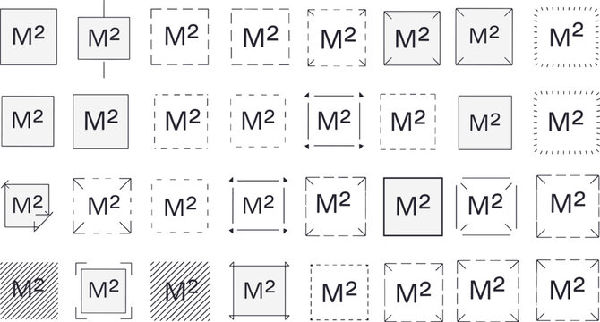 Collection of square with m2 text and various border styles symbol measurement