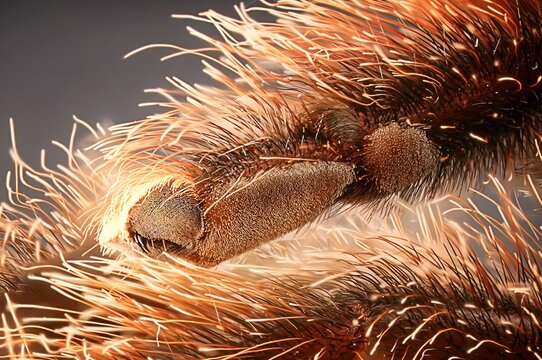 Extreme macro of Avicularia juruensis tarantula feet, "Scopulae" showing iridescent blue and pink toe pads and tarsal claws