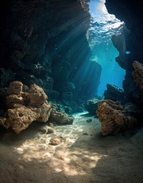 A serene underwater cave illuminated by sunlight filtering through the surface